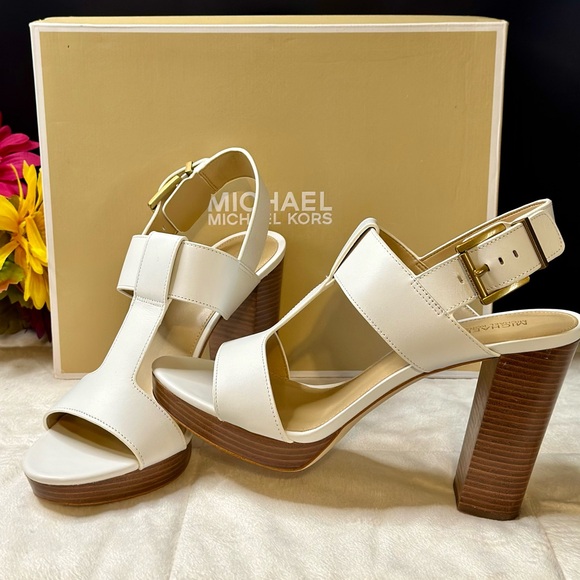 New Michael Kors Becker T Strap Leather Rare Optic White Block Heel 9.5M w/Box - Picture 11 of 16